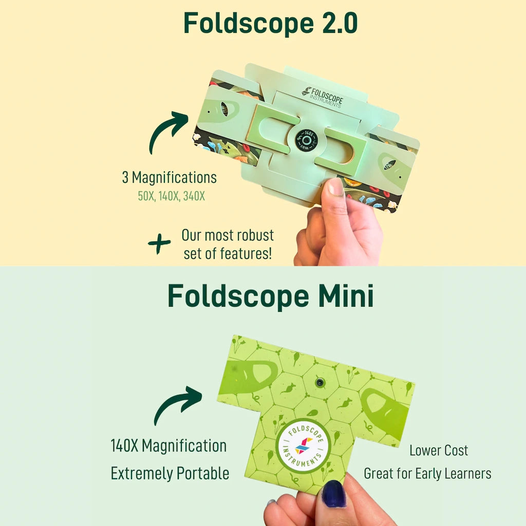 Foldscope 2.0 and Foldscope Mini with product details on a light yellow and green background