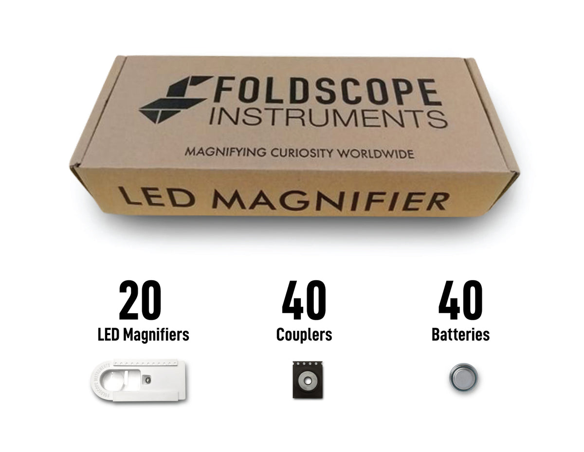 LED Magnifier Kit - (Contains 20 LED/Magnifier Lights.  This does not include any Foldscope Paper Microscopes.)